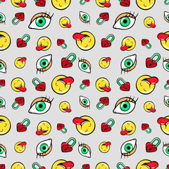 Eyes Heart Locks and Emoticons Seamless Pattern. Fashion Background in Retro Comic Style. Vector illustration