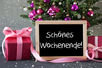 Tree With Gifts, Snowflakes, Schoenes Wochenende Means Happy Weekend