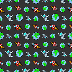 Space Rocket Cosmonaut and Planet Earth Seamless Pattern. Vector background