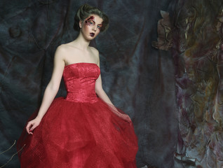 Portrait of a beautiful woman in medieval era dress. Shot in a s