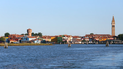 Little island of Burano with bell tower seen from Torcello near
