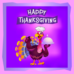 Happy Thanksgiving illustration. Funny turkey.  Purple background, square.