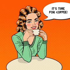 Pop Art Young Beautiful Woman Drinking Coffee in Cafe. Vector illustration