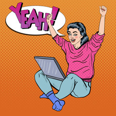 Pop Art Excited Young Woman with Laptop and Hands Up. Vector illustration