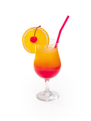 Glass of alcoholic drink with cherry, orange and ice on white background.