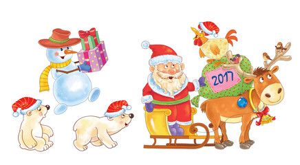 New Year. Greeting card for Christmas. Cute funny Santa on sledge with reindeer, little white bears and a snowman. A rooster and Christmas gifts.Illustration for children. Cartoon characters.
