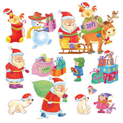 Set of cute funny Christmas characters. Cute Santa with reindeer on sledge, Santa in sneakers, Santa with bag full of Christmas gifts. White bears and rat. Funny cartoon characters isolated on white.