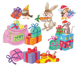 Christmas and New Year. Set of cute and funny Christmas characters. Cute rat, sparrows, rabbit, Christmas bags and boxes. Christmas gifts. Funny cartoon characters isolated on white