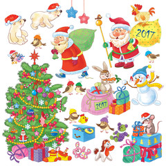 Set of cute funny Christmas characters. Christmas tree, Santa, cute white bears, rat and rooster in Christmas caps, snowman, rabbit. Christmas decoration. Funny cartoon characters isolated on white.