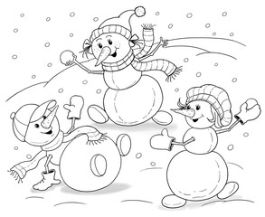 Cute funny snowmen playing snowballs. Greeting card for Christmas or New Year. Illustration for children. Coloring book. Coloring page. Funny cartoon characters.