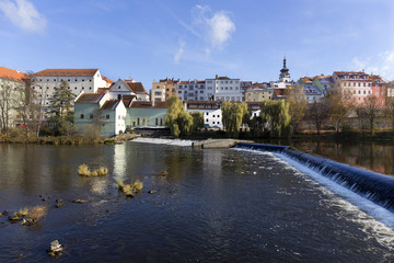 Colorful royal medieval Town Pisek above the river Otava, Czech Republic 