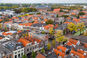 Fototapeta na wymiar The aerial view of Delft old town