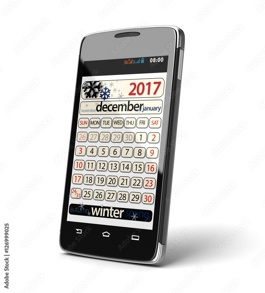 Poster touchscreen smartphone with december 2017. image with clipping path.