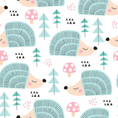 seamless hedgehog in the forest pattern vector illustration