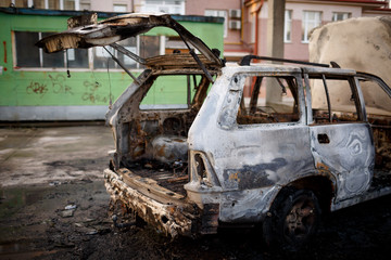Fototapeta premium Body burnt car was in the parking lot