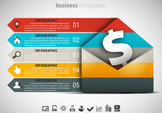 Envelope and Dollar Sign Element Infographic with Grayscale Icon Set