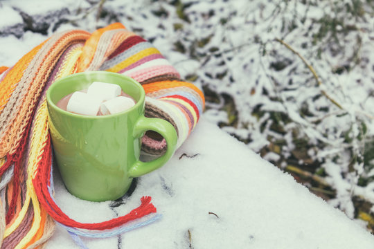 Hot chocolate with marshmallow in green cup wrapped in a cozy winter checkered scarf on the snow-covered table in the garden. Coloring and processing photo, selective focus, small depth of field