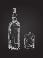 Fototapeta premium Whiskey Bottle and Glass. Hand Drawn Drink Vector Illustration