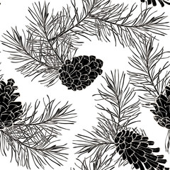 Hand-Drawn seamless pattern with pine cones and branches of coniferous evergreen tree - 127001065