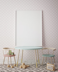 mock up poster frame in children room, scandinavian style interior background, 3D render, 3D illustration