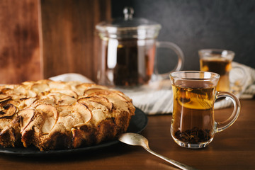 Homemade apple pie with nuts and cinnamon on dark background