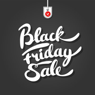 Black friday brush lettering on  background with percent label. Advertising, print, t-shirt
