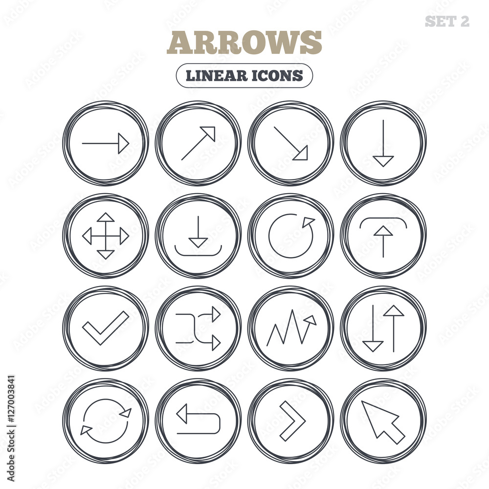 Poster arrows line icons. download, upload, check or tick symbols. refresh, fullscreen and shuffle thin out