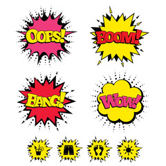 Comic Boom, Wow, Oops sound effects. Beach holidays icons. Cocktail, human footprints and swimming trunks signs. Summer sun symbol. Speech bubbles in pop art. Vector