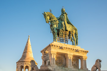 Saint Stefan Statue at Fisherman's Bastion, in Budapest, Hungary with Clear Blue Sky in Background