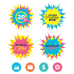 Shopping night, black friday stickers. Business icons. Graph chart and case signs. Dollar currency and gear cogwheel symbols. Special offer. Vector