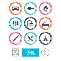 Hiking travel icons. Camping, shower and wc toilet signs. Tourist tent, fork and knife symbols. Report document, information icons. Vector