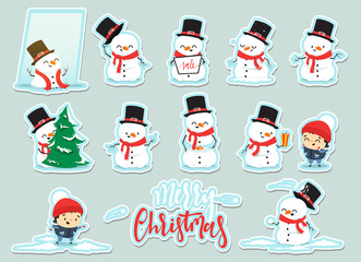 Snowman Christmas, character cartoon cute white snowman attributes of Christmas. Set Christmas characters snowman with a little boy