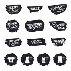 Ink brush sale stripes and banners. Clothes icons. T-shirt with business tie and pants signs. Women dress symbol. Black friday. Ink stroke. Vector