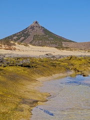Portugal, Madeira Islands, Porto Santo, Ponta da Calheta, view of the rocky beach of Porto Santo Island..