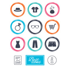 Clothes, accessories icons. Shirt, glasses and hat signs. Wallet with cash coins symbols. Report document, information icons. Vector