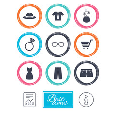 Clothes, accessories icons. Shirt, glasses and hat signs. Wallet with cash coins symbols. Report document, information icons. Vector