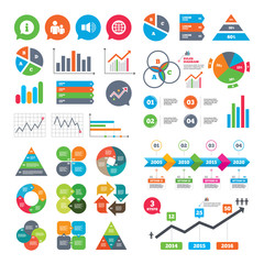 Business charts. Growth graph. Information sign. Group of people and speaker volume symbols. Internet globe sign. Communication icons. Market report presentation. Vector