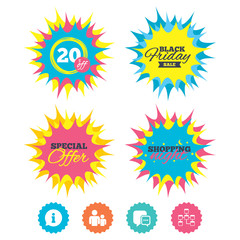 Shopping night, black friday stickers. Information sign. Group of people and database symbols. Chat speech bubbles sign. Communication icons. Special offer. Vector