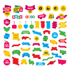 Web stickers, banners and labels. Information sign. Group of people and database symbols. Chat speech bubbles sign. Communication icons. Special offer tags. Vector