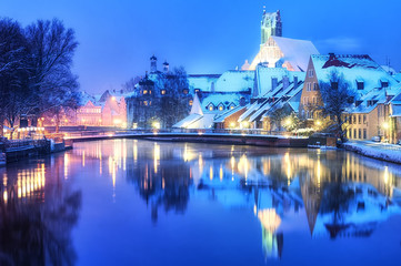 Christmas winter evening in small german town, Germany - obrazy, fototapety, plakaty