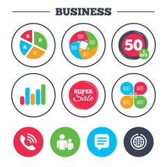 Business pie chart. Growth graph. Group of people and share icons. Speech bubble and round the world arrow symbols. Communication signs. Super sale and discount buttons. Vector