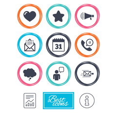 Mail, contact icons. Favorite, like and calendar signs. E-mail, chat message and phone call symbols. Report document, information icons. Vector