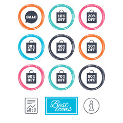 Sale discounts icons. Special offer signs. Shopping bag, price tag symbols. Report document, information icons. Vector