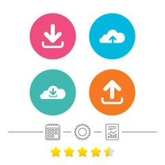 Download now icon. Upload from cloud symbols. Receive data from a remote storage signs. Calendar, cogwheel and report linear icons. Star vote ranking. Vector