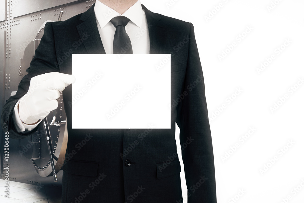 Poster man holding blank business card