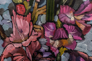 painting still life oil  texture, irises impressionism art, painted color image, backgrounds and wallpaper, floral pattern on canvas - 127006621