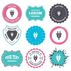 Label and badge templates. Electric plug sign icon. Power energy symbol. Lightning sign. Retro style banners, emblems. Vector