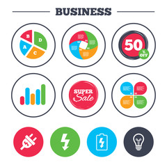 Business pie chart. Growth graph. Electric plug icon. Lamp bulb and battery symbols. Low electricity and idea signs. Super sale and discount buttons. Vector