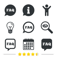 FAQ information icons. Help speech bubbles symbols. Circle and square talk signs. Information, light bulb and calendar icons. Investigate magnifier. Vector