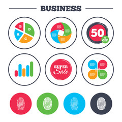 Business pie chart. Growth graph. Fingerprint icons. Identification or authentication symbols. Biometric human dabs signs. Super sale and discount buttons. Vector